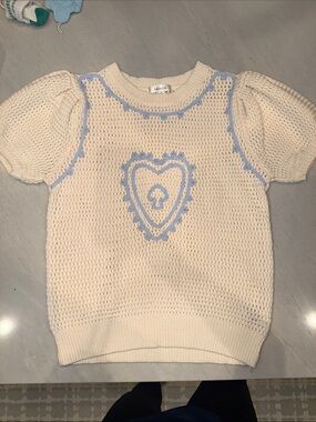 Lalavon Heart Embroidered Puff Sleeve Knit Top